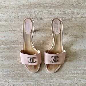 Vintage Chanel Silver CC Mule Kitten Heel Sandals